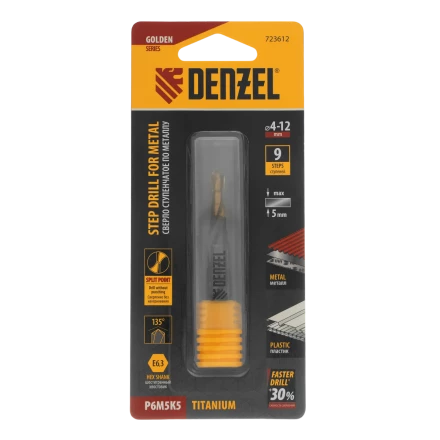 Сверло ступенчатое Denzel 723612,  4-5-6-7-8-9-10-11-12 мм, Р6М5К5, 6-гр. хвостовик купить в Губкинске