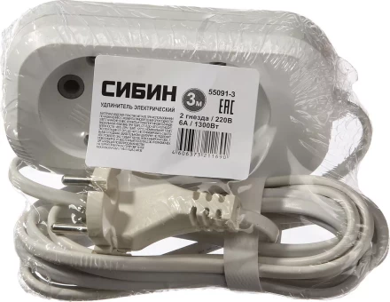 Удлинитель СИБИН электрический, ШВВП сечение 0,75кв мм, 2 гнезда, макс мощн 1300Вт, 3м 55091-3 купить в Губкинске