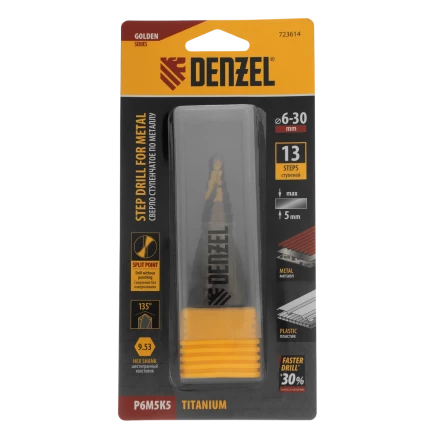 Сверло ступенчатое Denzel 723614, 6-8-10-12-14-16-18-20-22-24-26-28-30мм, Р6М5К5, 6-гр. хвостовик купить в Губкинске