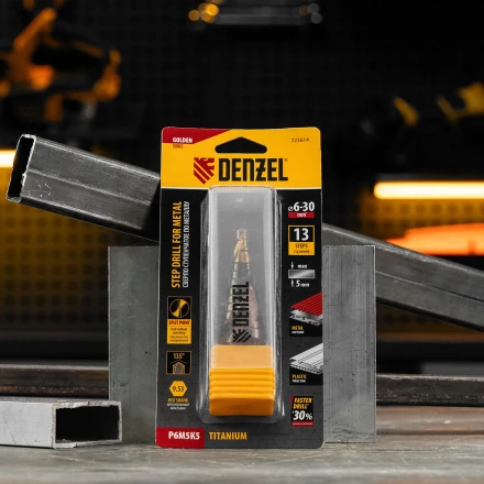 Сверло ступенчатое Denzel 723614, 6-8-10-12-14-16-18-20-22-24-26-28-30мм, Р6М5К5, 6-гр. хвостовик купить в Губкинске