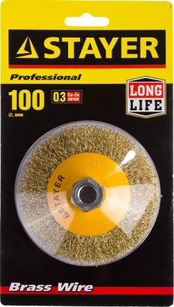 STAYER "PROFESSIONAL". Щетка коническая для УШМ, витая стальная латунированная проволока 0,3мм, 100ммхМ14 35133-100 купить в Губкинске