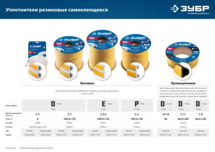 ЗУБР 150 м, P-профиль, размер 9 х 5.5 мм, белый, самоклеящийся резиновый уплотнитель, Профессионал (40922-150) купить в Губкинске