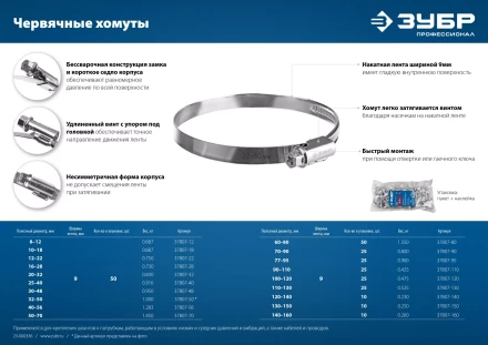 ЗУБР Х-9Н, 140 - 160 мм, накатная лента 9 мм, цинк, 10 шт, червячный хомут (37807-160) купить в Губкинске