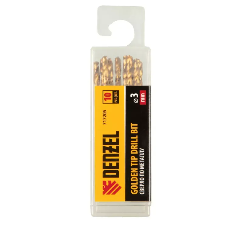 Сверло по металлу, 3 мм, HSS-Tin, Golden Tip, 10 шт. Denzel 717205 купить в Губкинске
