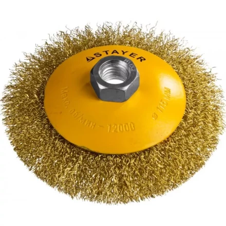 STAYER &quot;PROFESSIONAL&quot;. Щетка коническая для УШМ, витая стальная латунированная проволока 0,3мм, 115ммхМ14 35133-115 купить в Губкинске