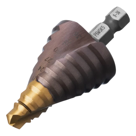 Сверло ступенчатое Denzel 723616, 4-6-8-10-12-14-16-18-20-22-24-26-28-30-32 мм, Р6М5К5, 6-гр. хвостовик купить в Губкинске