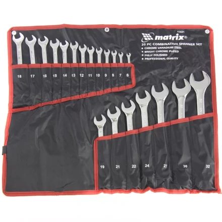 Набор ключей комбинированных 6-32 мм 20 штук CrV полированный хром MATRIX 15441 купить в Губкинске