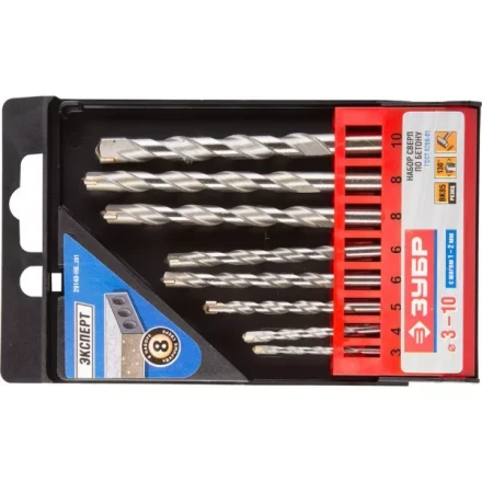 Набор ЗУБР Сверла по бетону ударные, 3-4-5-6-6-8-8-10 мм, пластиковый бокс, 8шт 29140-H8_z01 купить в Губкинске