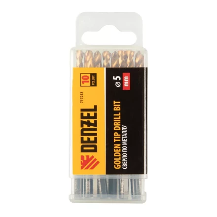 Сверло по металлу Denzel, 5 мм, HSS-Tin, Golden Tip, набор 10 шт., 717213 купить в Губкинске