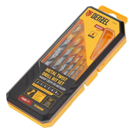 Набор сверл по металлу Denzel, 2-8мм, Р6М5-TiN, Golden Tip, 6 шт, 723000 купить в Губкинске