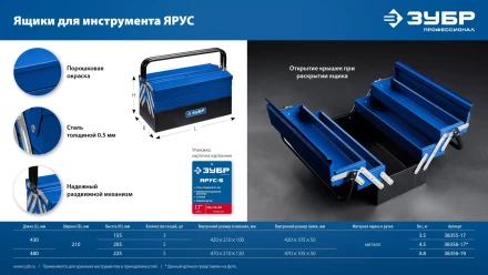 ЗУБР ЯРУС-5/17, 430 х 210 х 205 мм, (17), Металлический раздвижной ящик для инструментов, Профессионал (38356-17) купить в Губкинске