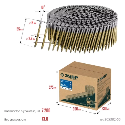 ЗУБР CNW 55 х 2.3 мм, барабанные гвозди рифленые, 7200 шт (305382-55) купить в Губкинске