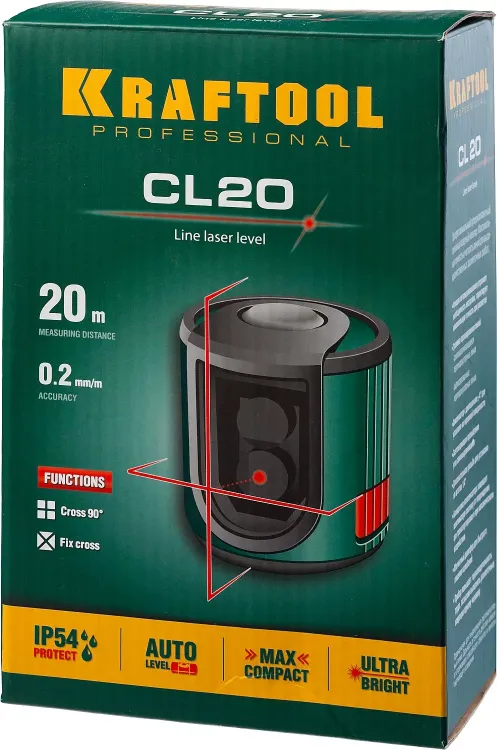 Нивелир лазерный линейный CL 20, сверхъяркий, KRAFTOOL 34700, двухлучевой, 20м, IP54, точн. 0,2 мм/м 34700 купить в Губкинске