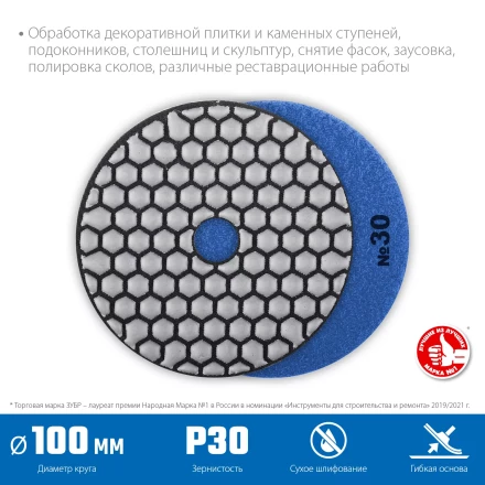 ЗУБР 100 мм, №30, сухое шлифование, алмазный гибкий шлифовальный круг АГШК, Профессионал (29868-030) купить в Губкинске