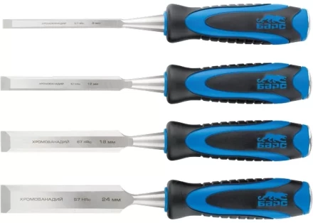 Набор долот-стамесок плоских 4шт 8-12-18-24 мм двухкомпонентная рукоятка металлический затыльник БАРС 24452 купить в Губкинске