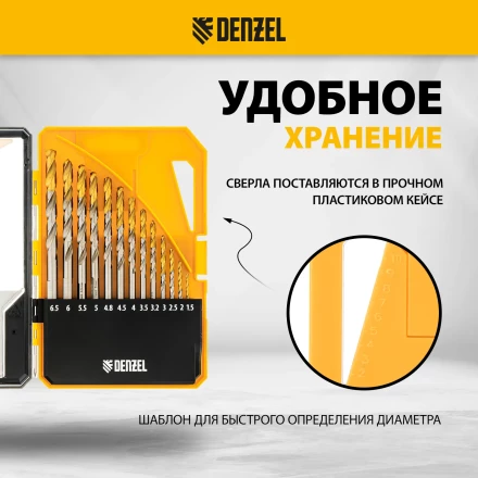 Набор сверл по металлу Denzel 723002, 1,5-6,5мм, Р6М5-TiN, Golden Tip, 13 шт купить в Губкинске