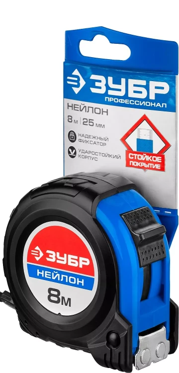 Рулетка ЗУБР "НЕЙЛОН", нейлоновое покрытие, упрочненное полотно, ударопрочный обрезиненный корпус, 8м/25мм 34056-08-25_z01 купить в Губкинске