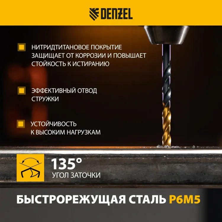 Набор сверл по металлу Denzel 723003, 1-10 мм, Р6М5-TiN, Golden Tip, 19 шт купить в Губкинске