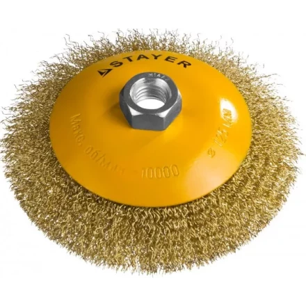 STAYER &quot;PROFESSIONAL&quot;. Щетка коническая для УШМ, витая стальная латунированная проволока 0,3мм, 125ммхМ14 35133-125 купить в Губкинске