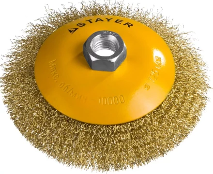 STAYER &quot;PROFESSIONAL&quot;. Щетка коническая для УШМ, витая стальная латунированная проволока 0,3мм, 125ммхМ14 35133-125 купить в Губкинске
