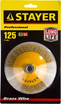 STAYER &quot;PROFESSIONAL&quot;. Щетка коническая для УШМ, витая стальная латунированная проволока 0,3мм, 125ммхМ14 35133-125 купить в Губкинске