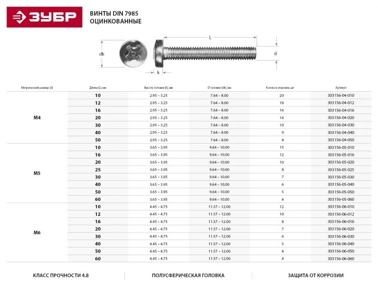 Винт DIN 7985 M5x16мм, 12шт, кл. пр. 4.8, оцинкованный, ЗУБР 303156-05-016 купить в Губкинске