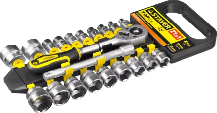 Набор STAYER &quot;STANDARD&quot;: Торцовые головки (3/8&quot;) на пластиковом рельсе, трещотка, удлинитель, 6-24мм, 21 предмет 27752-H21 купить в Губкинске