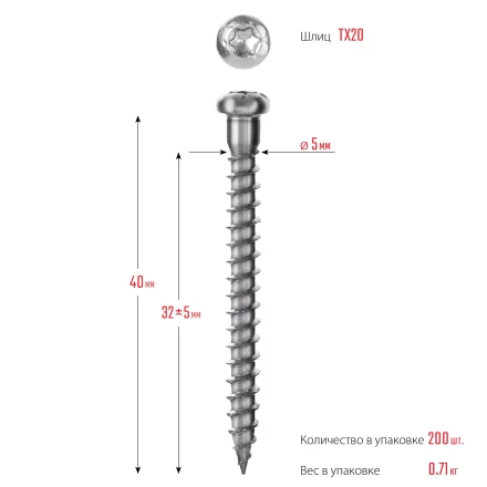 ЗУБР СПК, 40 х 5 мм, TX20, цинк, 200 шт, саморез для перфорированного крепежа, Профессионал (30061-50-40) купить в Губкинске