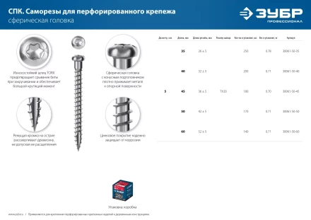 ЗУБР СПК, 40 х 5 мм, TX20, цинк, 200 шт, саморез для перфорированного крепежа, Профессионал (30061-50-40) купить в Губкинске