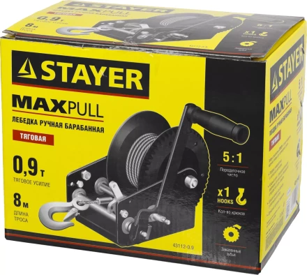 Лебедка ручная барабанная STAYER &quot;MASTER&quot;, тяговая, тросовая, 0,9т, 8м 43112-0.9 купить в Губкинске