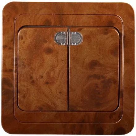 Выключатель СВЕТОЗАР &quot;ГАММА&quot; с подсветкой, двухклавишный, цвет орех, 10A/~250B SV-54135-N купить в Губкинске