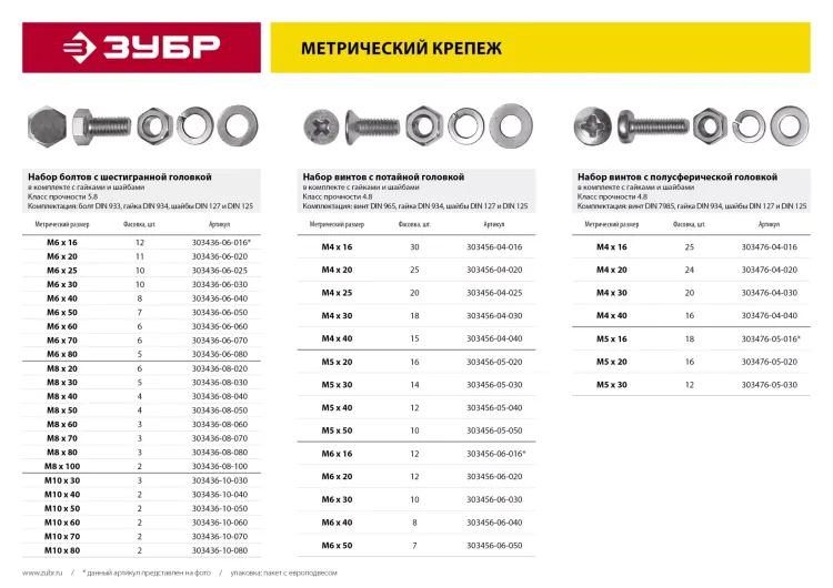 Винт (DIN965) в комплекте с гайкой (DIN934), шайбой (DIN125), шайбой пруж. (DIN127), M4 x 16 мм, 30 шт, ЗУБР 303456-04-016 купить в Губкинске