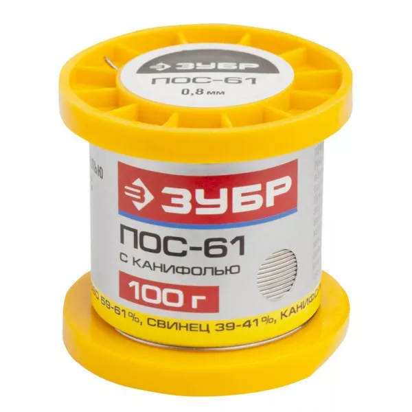 Припой ЗУБР, ПОС 61, трубка с канифолью, 100г, 0,8мм 55450-100-08C купить в Губкинске