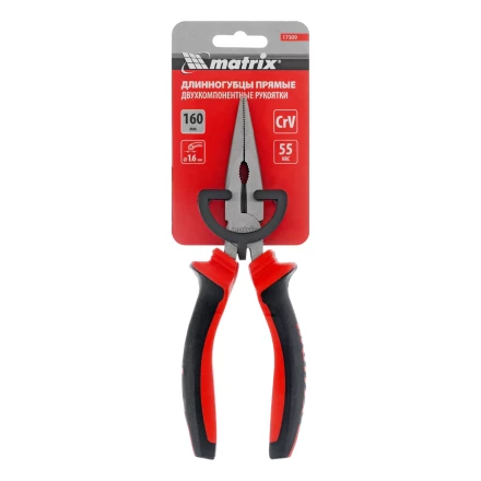 Длинногубцы прямые Matrix, 160 мм, хром-ванадий, двухкомпонентные рукоятки, 17309 купить в Губкинске