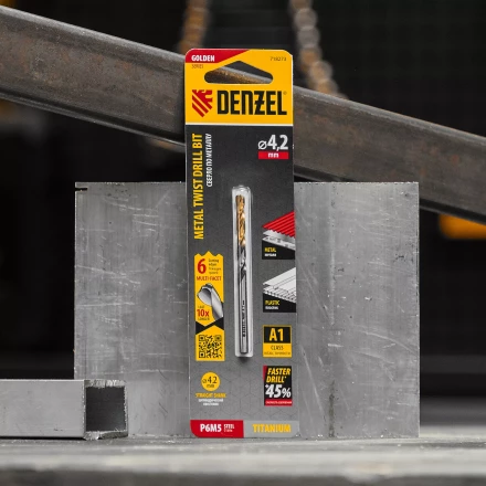 Сверло спиральное по металлу Denzel 4,2 x 75мм, Р6М5, Golden Tip, многогранная заточка, 718273 купить в Губкинске