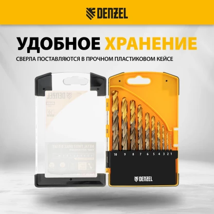 Набор сверл по металлу Denzel, 1-10 мм, Р6М5К8-TiN, Golden Tip, 10 шт 723005 купить в Губкинске