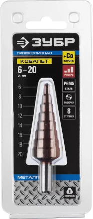 Сверло ЗУБР &quot;КОБАЛЬТ&quot; ступен. по сталям и цв.мет.ст.Р6М5 с кобальт.покрыт.d6-20мм, 8ступ.d6-20,L-75мм, трехгран.хв. 8мм 29672-6-20-8 купить в Губкинске