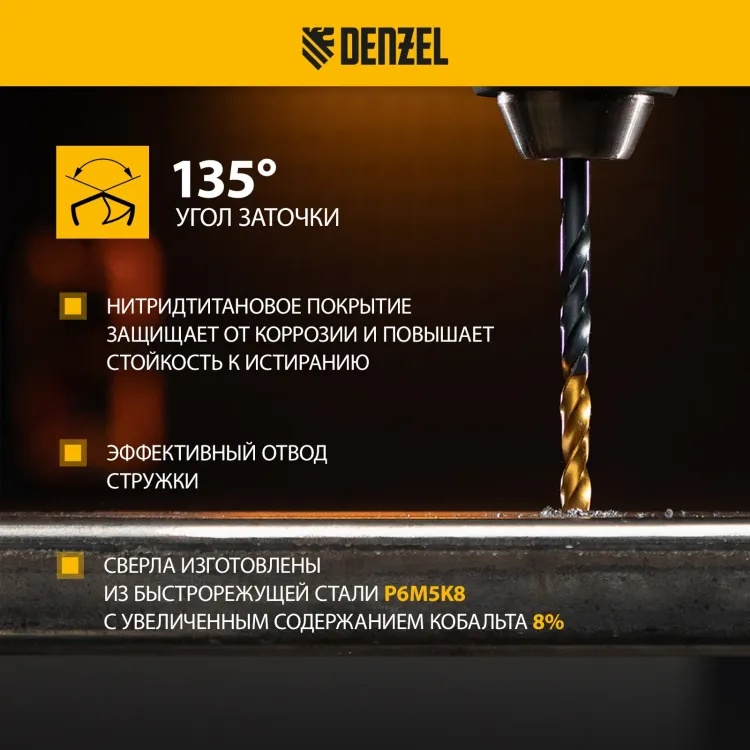 Набор сверл по металлу Denzel 723006, 1,5-6,5мм, Р6М5К8-TiN, Golden Tip, 13 шт купить в Губкинске