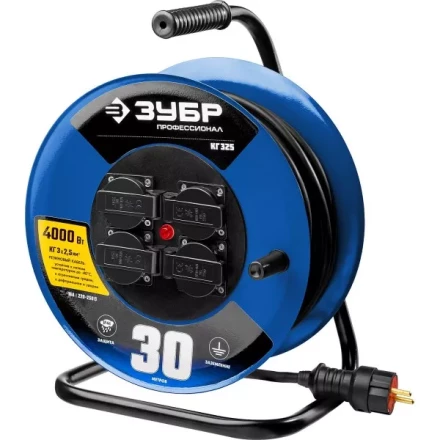 Удлинитель на катушке &quot;КГ 325&quot;, 30 м, 4000 Вт, 4 гнезда, IP44, КГ 3х2,5 кв мм, ЗУБР 55079-30 купить в Губкинске