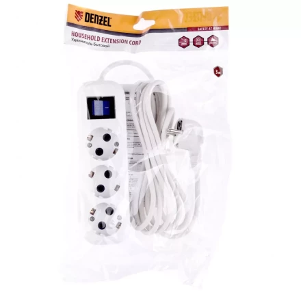 Удлинитель бытовой с заземлением и выключателем 3 м 3 розетки 10 A серия УХз10 Denzel 95971 купить в Губкинске