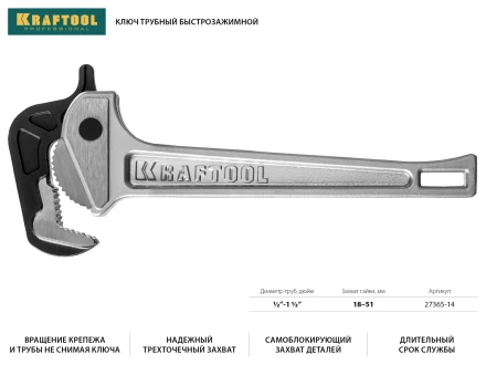 Ключ KRAFTOOL &quot;MASTERGRIP&quot; трубный быстрозажимной, кованые губки, 1/2&quot;-2&quot; 27365-14 купить в Губкинске