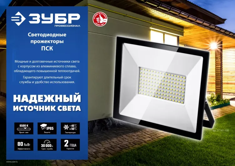 ЗУБР ПСК-50, 50 Вт, 6500 К, IP 65, светодиодный прожектор, Профессионал (57141-50) купить в Губкинске