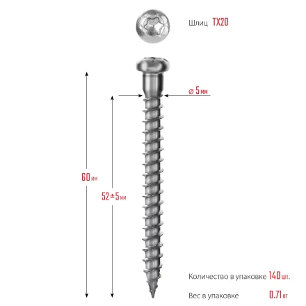 ЗУБР СПК, 60 х 5 мм, TX20, цинк, 140 шт, саморез для перфорированного крепежа, Профессионал (30061-50-60) купить в Губкинске