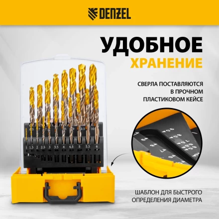 Набор сверл по металлу Denzel 723008, 1-10 мм, Р6М5К8-TiN, Golden Tip, 19 шт купить в Губкинске