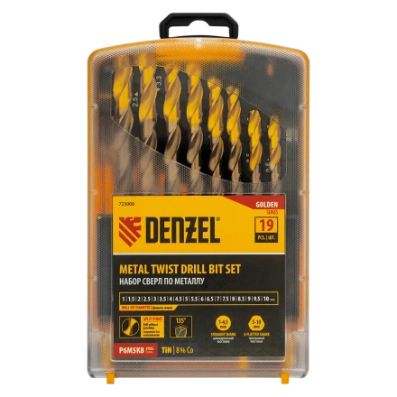 Набор сверл по металлу Denzel 723008, 1-10 мм, Р6М5К8-TiN, Golden Tip, 19 шт купить в Губкинске