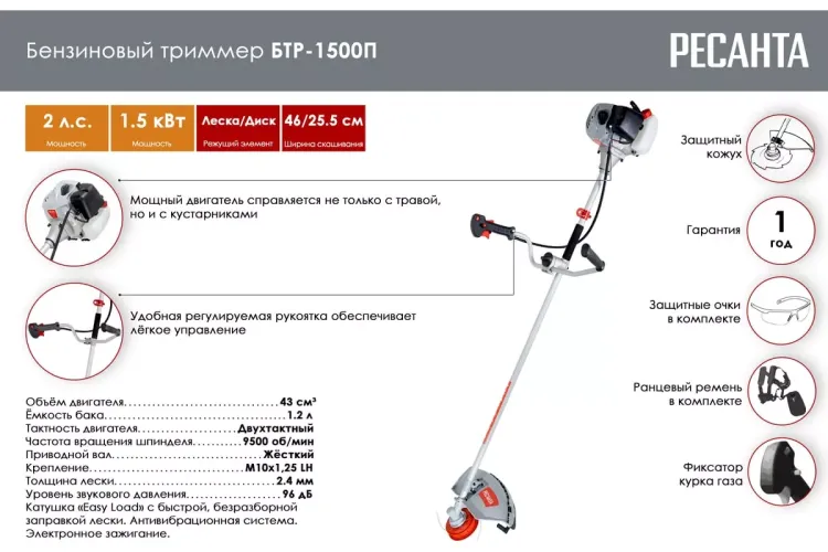 Триммер бензиновый Ресанта БТР-1500П 70/2/37 купить в Губкинске