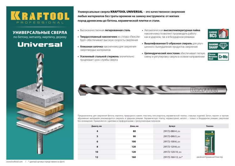 Сверло "UNIVERSAL" по бетону, металлу, дереву, KRAFTOOL PROFESSIONAL 29172-090-5, 5 х 90 мм 29172-090-5_z01 купить в Губкинске