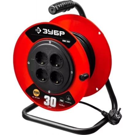 Удлинитель на катушке &quot;ПВС 307&quot;, 30 м, 2500 Вт, 4 гнезда, ПВС 3х0,75 кв мм, ЗУБР 55083-30 купить в Губкинске