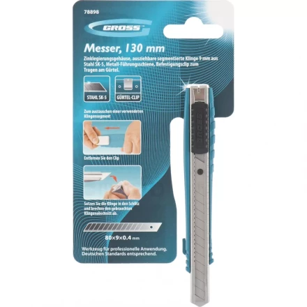 Нож 130 мм метал. корпус выдв.сегм.лезвие 9 мм SK-5 метал. направ-щая клипса для ремня GROSS 78898 купить в Губкинске