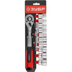 Набор ЗУБР "МАСТЕР": Торцовые головки (1/2") на пластиковом рельсе, трещотка, удлинитель, Cr-V, 10-24мм, 12 предметов 27647-H12